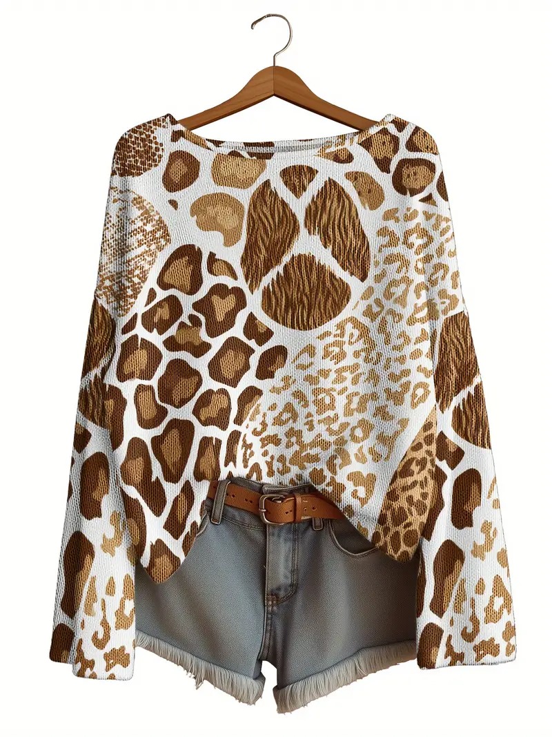 Leopard Floral Knit Sweater – Vintage Casual Autumn/Winter Style