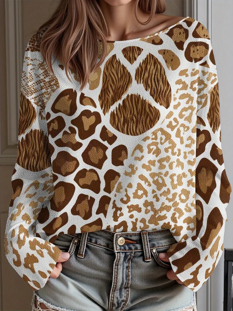 Leopard Floral Knit Sweater – Vintage Casual Autumn/Winter Style
