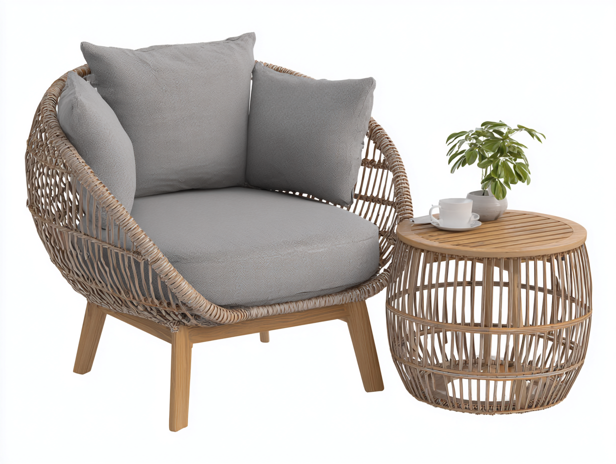 Set di 1 poltrona e tavolino in rattan naturale - poltrona 80x80x75 cm - naturale/legno naturale - per giardino - stile naturale