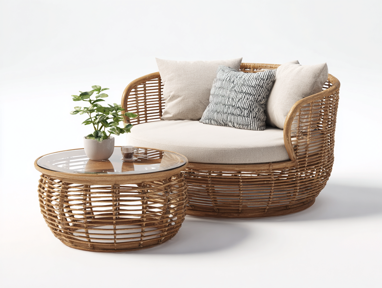 Set di poltrone rotondo e tavolino in rattan - poltrone 100x100x78cm - naturale - per giardino - design avvolgente