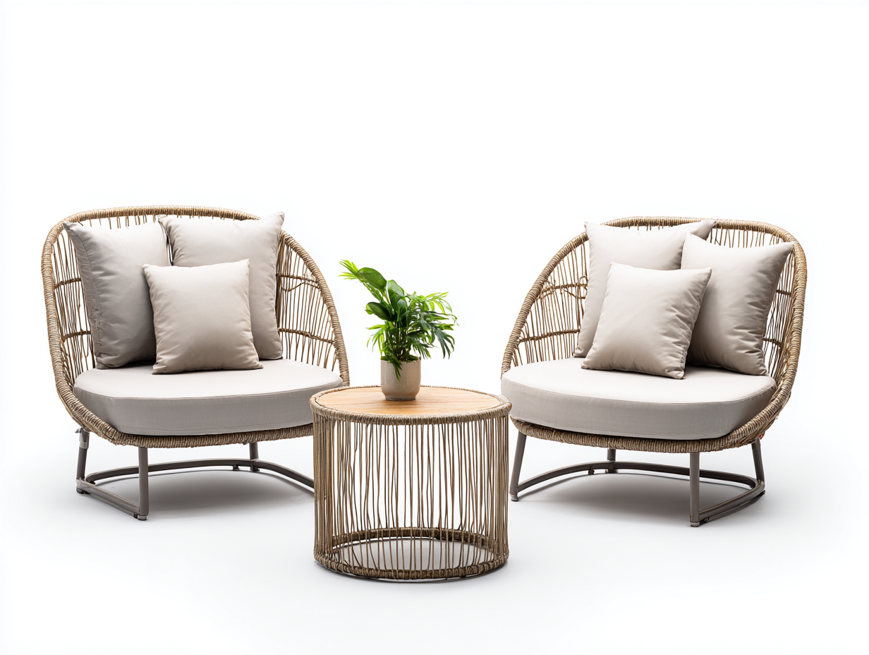 Set di 2 poltrone e tavolino in rattan naturale - poltrone 80x80x78 cm - naturale/legno naturale - per giardino - design avvolgente