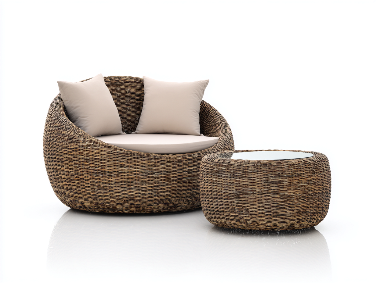 Set di poltrona e tavolino in rattan - poltrona 92 x90 x78cm - naturale - per giardino - design avvolgente
