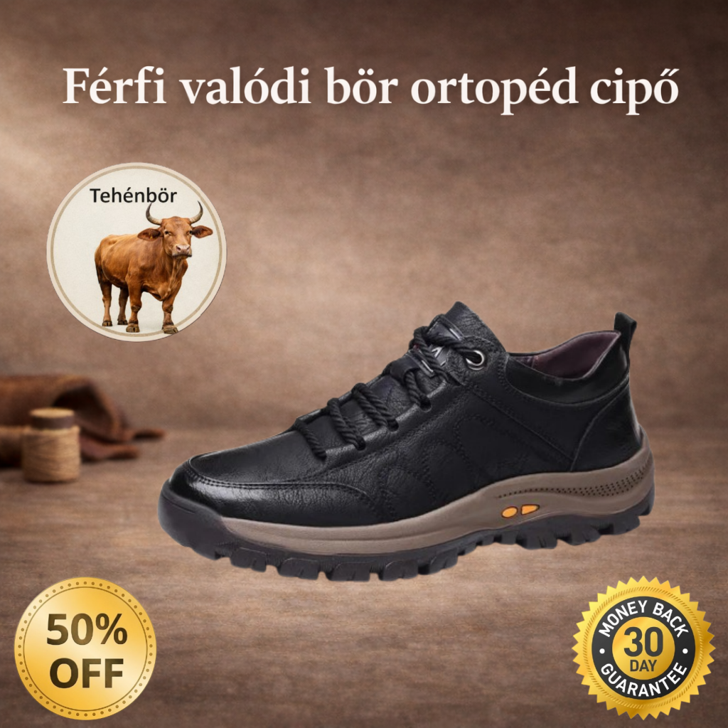 🎁 50% kedvezmény | Kézzel varrott valódi bőr férfi ortopéd cipő 🐂 Lábboltozat-támasz a lábfájdalom enyhítésére ✅ Vízálló és csúszásmentes az egész napos kényelemért