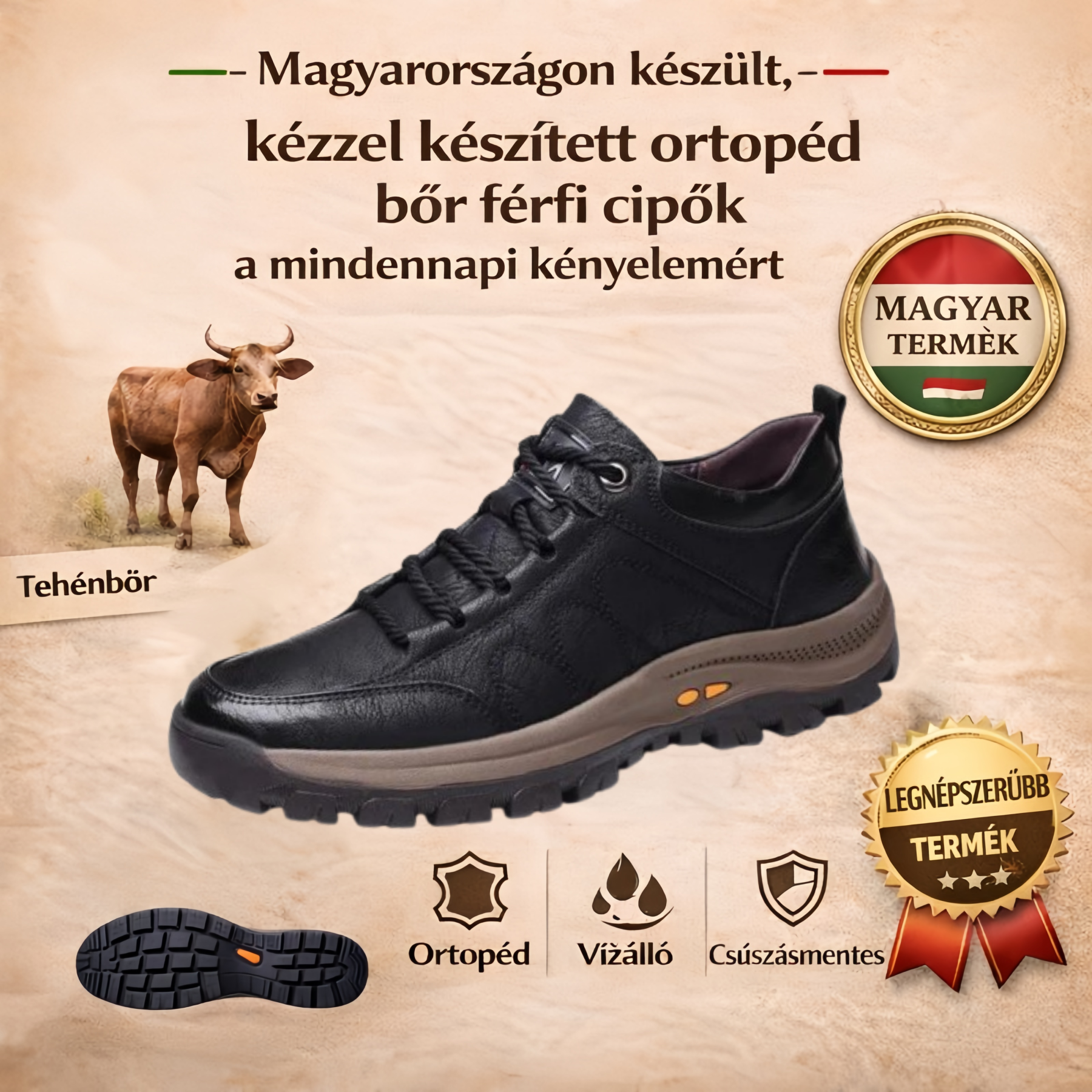 🐂 Kézzel varrott magyar valódi bőrcipők ✅ AI intelligens fájdalomcsillapító, könnyen fel- és levehető, vízálló és csúszásmentes