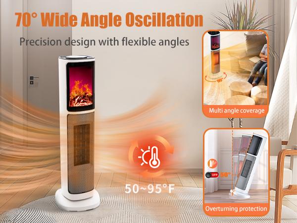 Ceramic Tower 1500W Indoor Space Heater Fan, Room Heating with Oscillation, Portable Tower heater for office, Bedroom, Living room, Overheat Protection, Electronic flame light effect, white