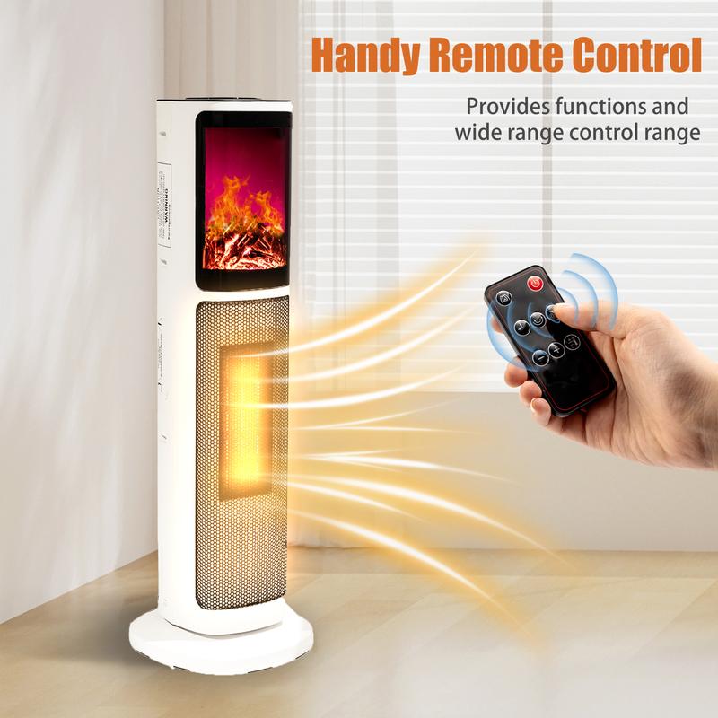 Ceramic Tower 1500W Indoor Space Heater Fan, Room Heating with Oscillation, Portable Tower heater for office, Bedroom, Living room, Overheat Protection, Electronic flame light effect, white