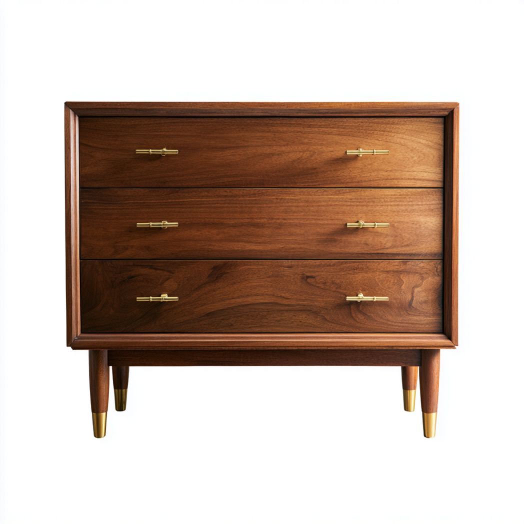 Commode à trois tiroirs brun foncé avec poignées et pieds en métal doré-Styva Live