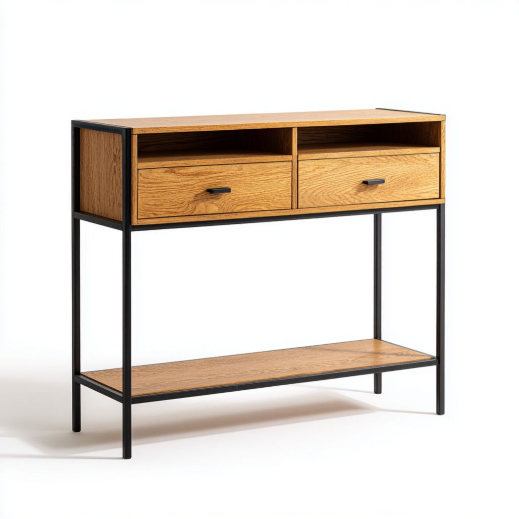 Console en bois massif brun clair avec structure en métal noir-Styva Live