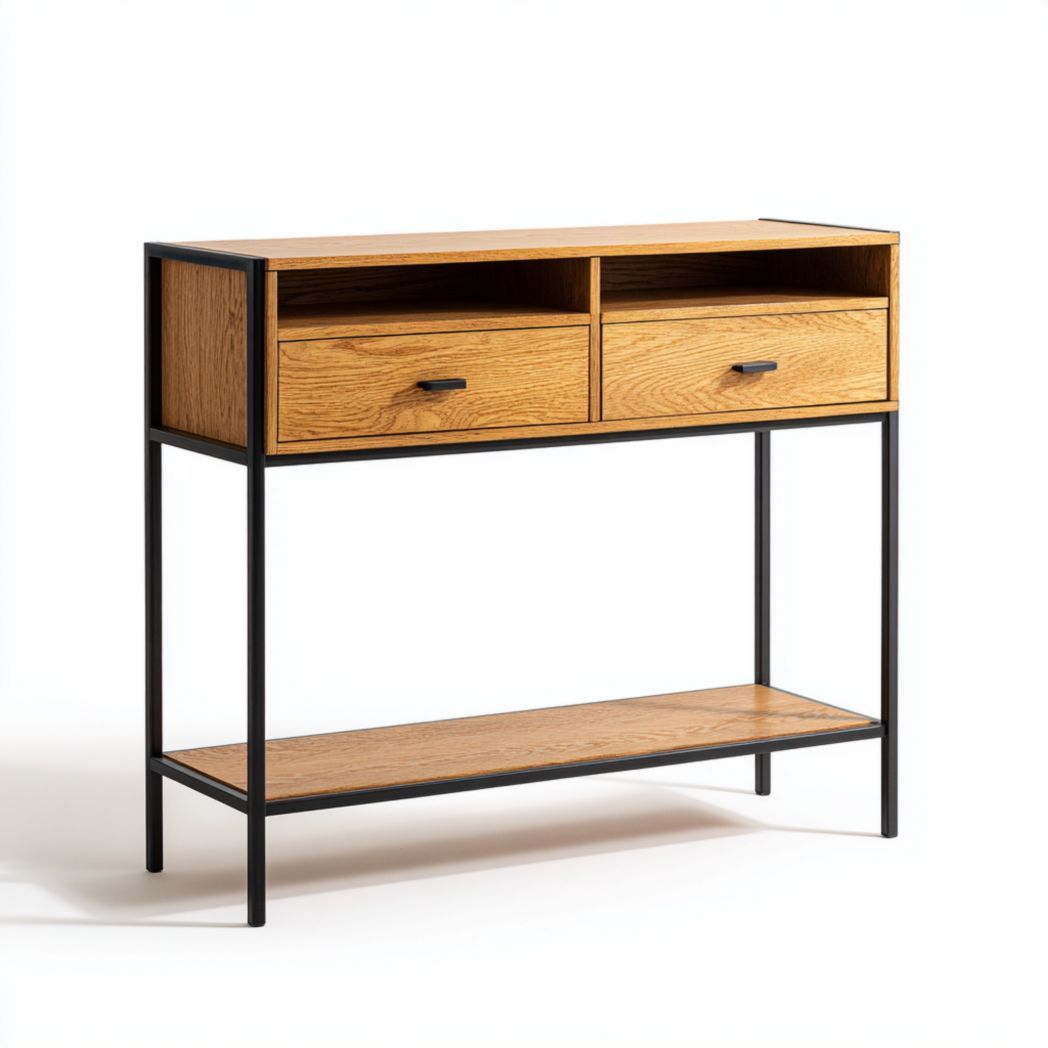 Console en bois massif brun clair avec structure en métal noir-Styva Live