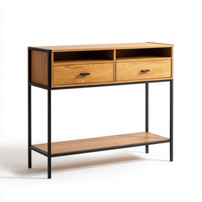 Console en bois massif brun clair avec structure en métal noir-Styva Live