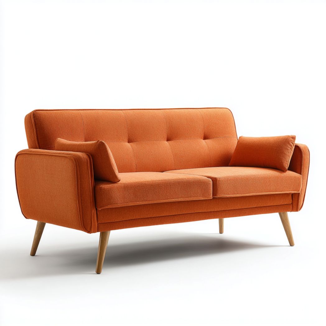 Canapé 2 places en tissu polyester orange avec coussins et pieds en bois brun clair-Styva Live