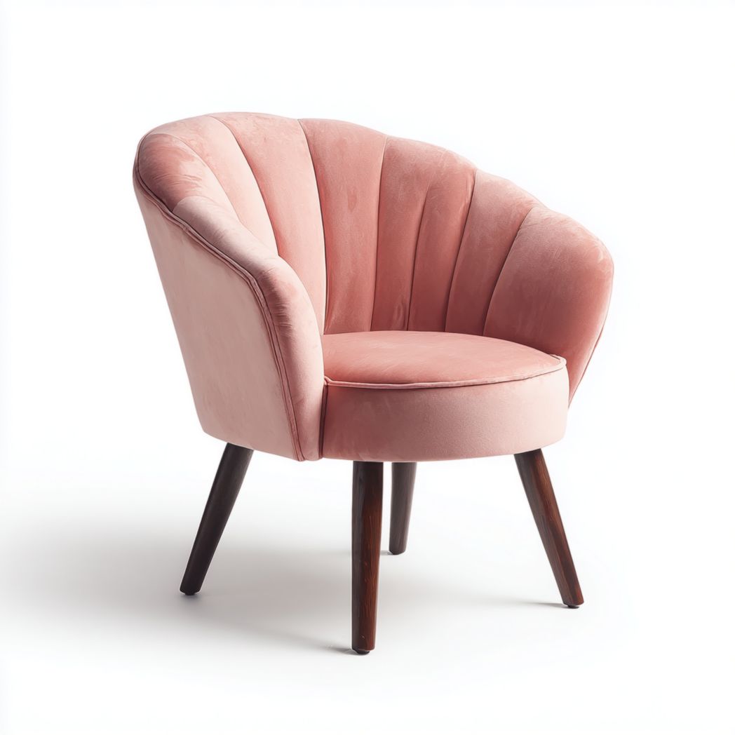 Fauteuil en tissu polyester rose avec pieds en bois brun foncé-Styva Live