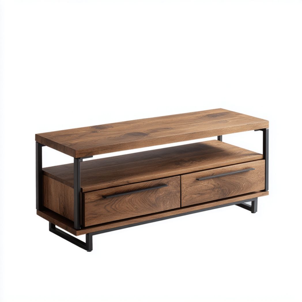 Meuble TV en bois massif brun foncé avec structure en métal noir-Styva Live