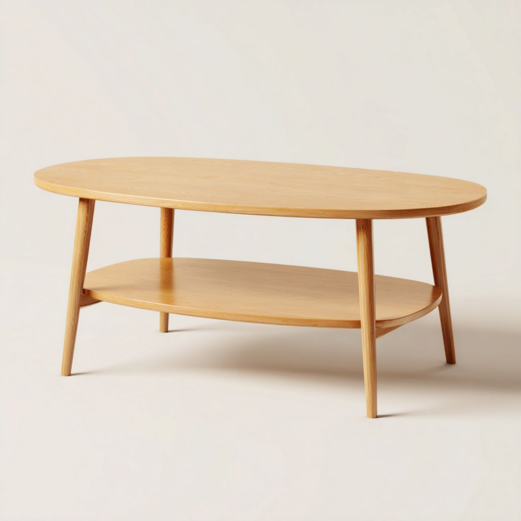 Table basse ovale en bois massif brun clair avec tablette inférieure-Styva Live