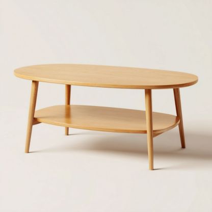 Table basse ovale en bois massif brun clair avec tablette inférieure-Styva Live