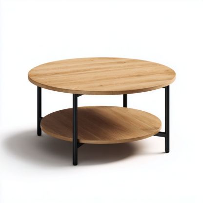 Table basse ronde en bois massif brun clair avec structure en métal noir-Styva Live