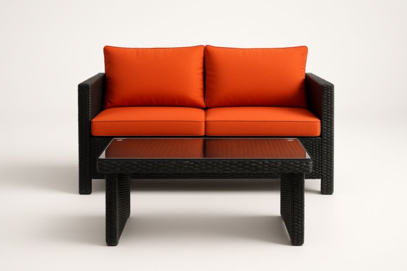 Canapé Deux Places en Résine Tressée Noire avec Coussins en Polyester Orange et Table