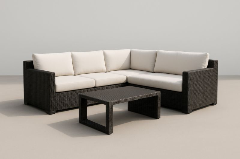 Salon de Jardin en Résine Tressée Marron avec Coussins en Polyester Crème