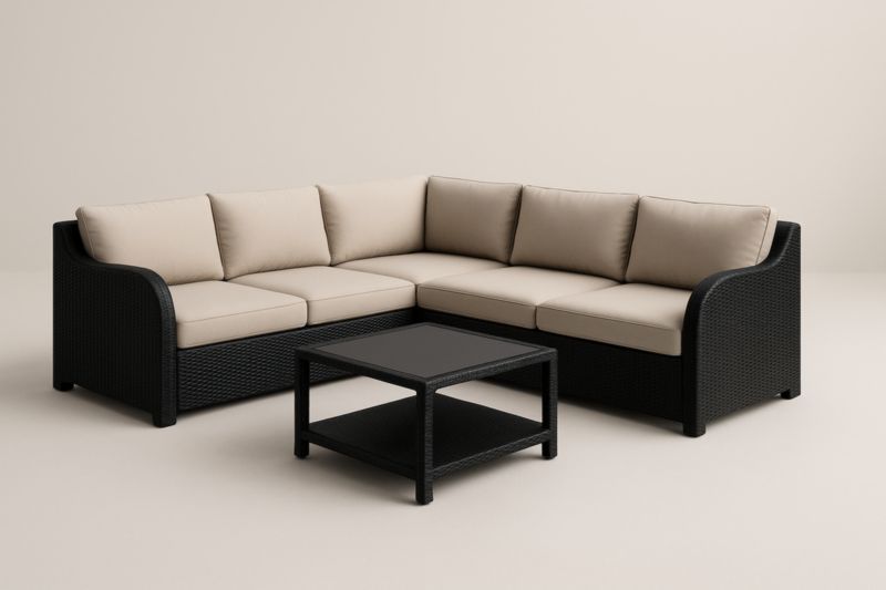 Ensemble canapé d'angle extérieur en résine noir avec coussins beige
