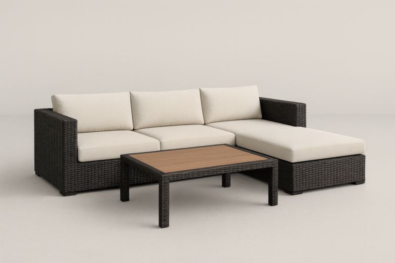 Canapé d'Angle en Résine Tressée avec Coussin Beige et Table Basse