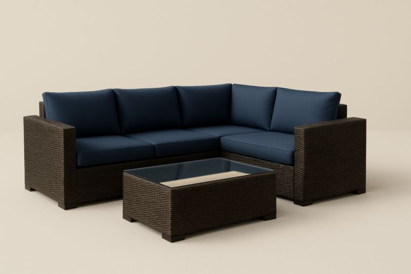 Canapé d'angle extérieur en rotin avec coussins en polyester bleu et table basse en verre trempé