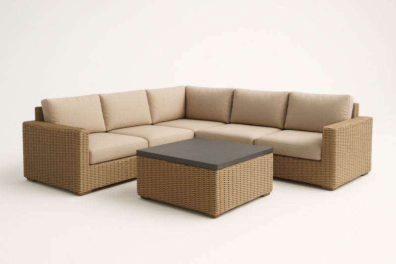 Ensemble de salon en résine tressée avec coussins en tissu beige