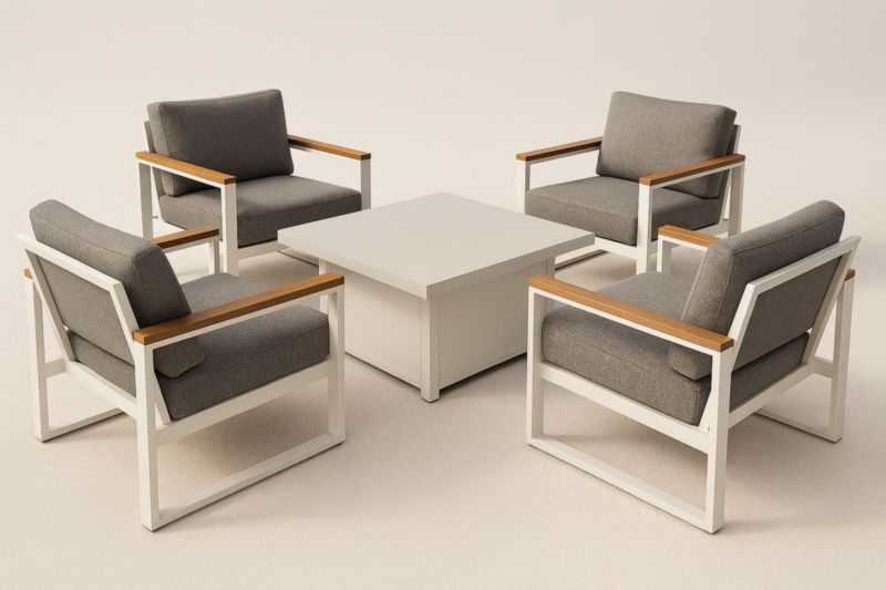 Ensemble de mobilier extérieur aluminium blanc coussins gris