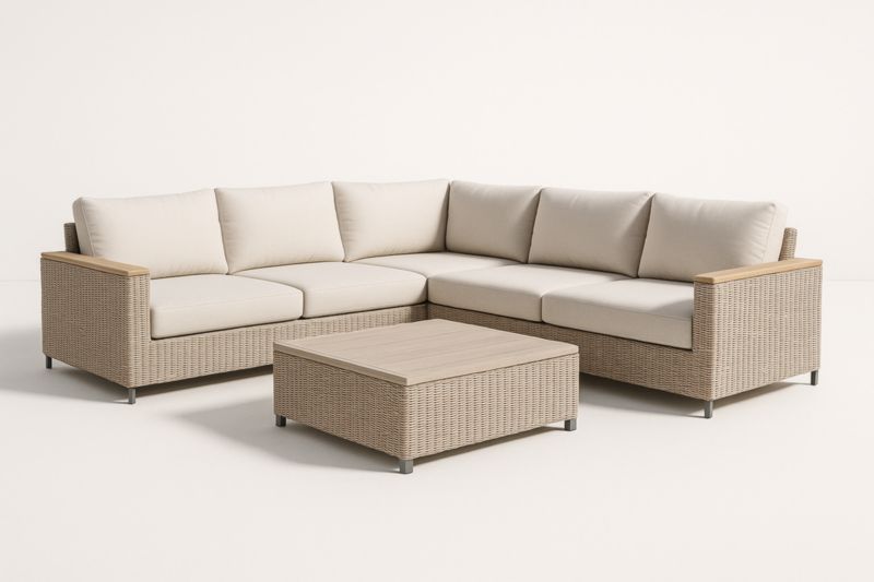 Canapé d'angle en résine tressée beige avec coussins crème