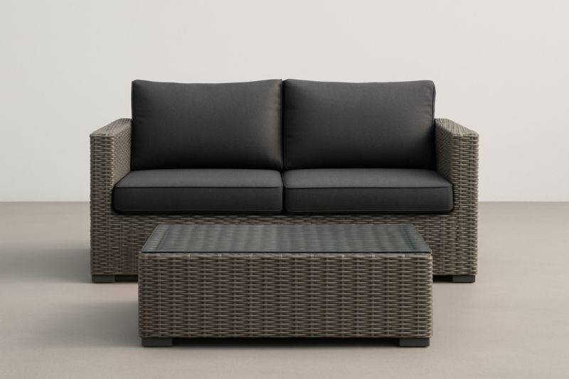 Canapé en résine tressée avec coussins en polyester gris et table basse en verre