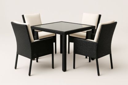 Ensemble Table Carrée en Verre et Rotin Noir avec 4 Chaises et Coussins Écrus