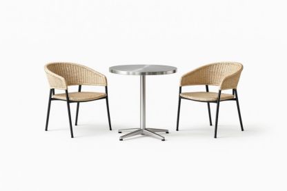Ensemble Table Ronde en Acier Inoxydable avec 2 Chaises en Rotin Synthétique