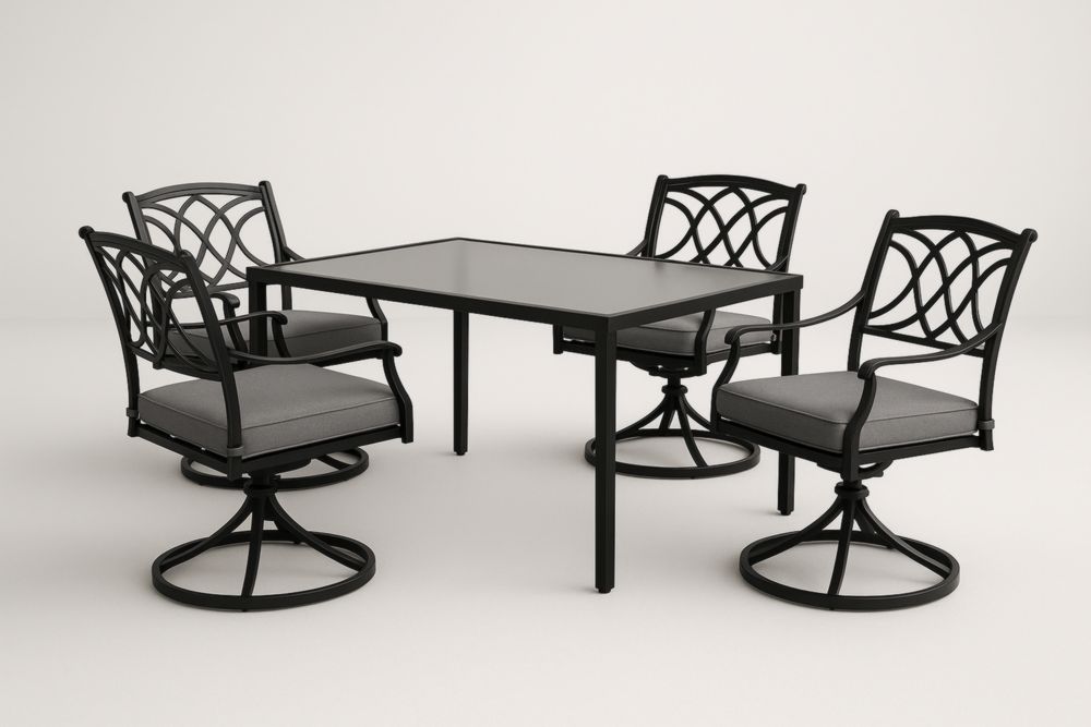 Ensemble de salle à manger extérieur 5 pièces en aluminium et verre avec 4 chaises pivotantes et coussins gris