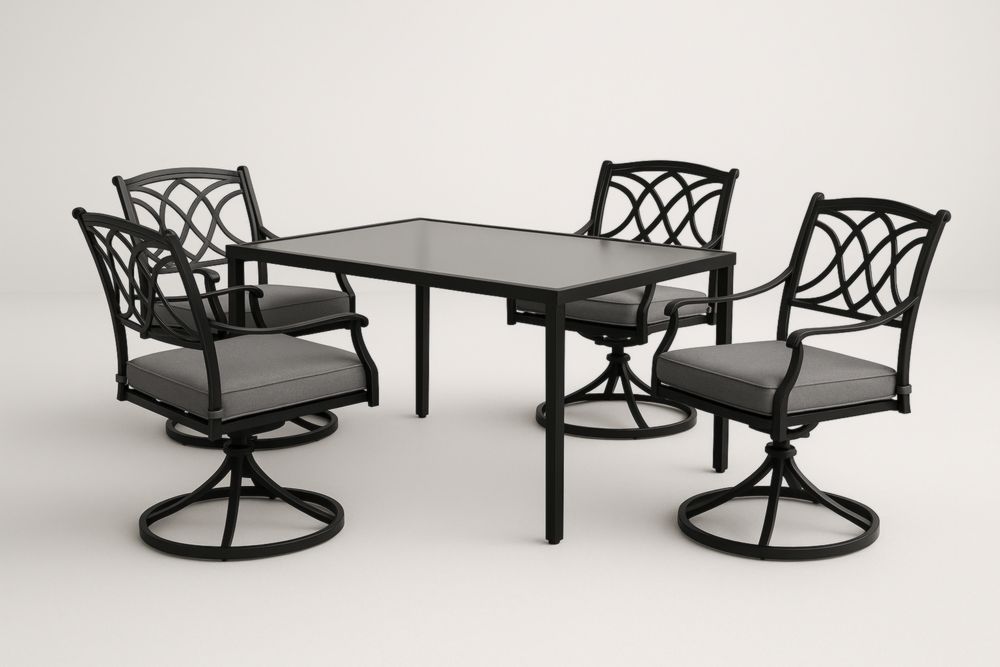 Ensemble de salle à manger extérieur 5 pièces en aluminium et verre avec 4 chaises pivotantes et coussins gris