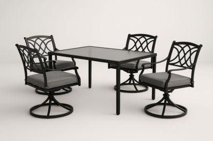 Ensemble de salle à manger extérieur 5 pièces en aluminium et verre avec 4 chaises pivotantes et coussins gris