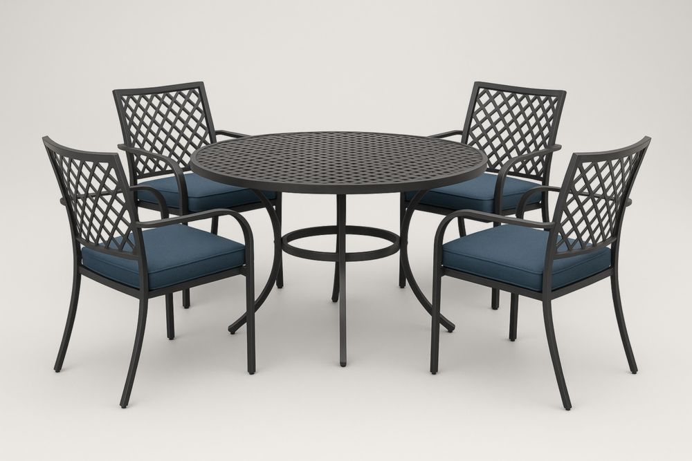 Ensemble de Mobilier de Jardin en Métal Noir avec Coussin Bleu
