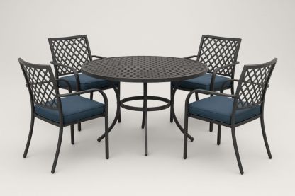Ensemble de Mobilier de Jardin en Métal Noir avec Coussin Bleu