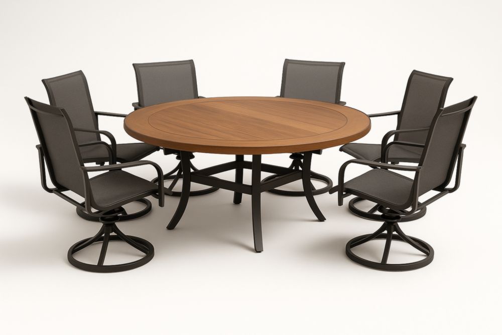 Ensemble table ronde en bois et 6 chaises pivotantes en aluminium et tissu gris