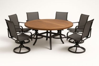 Ensemble table ronde en bois et 6 chaises pivotantes en aluminium et tissu gris