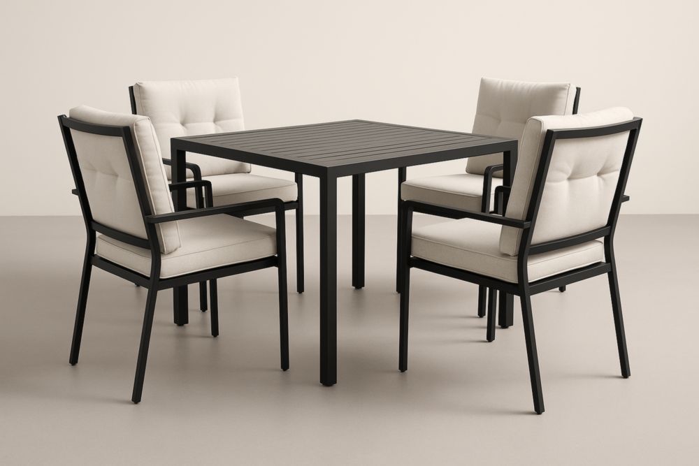 Set de Table Carrée en Aluminium avec 4 Chaises en Tissu Beige