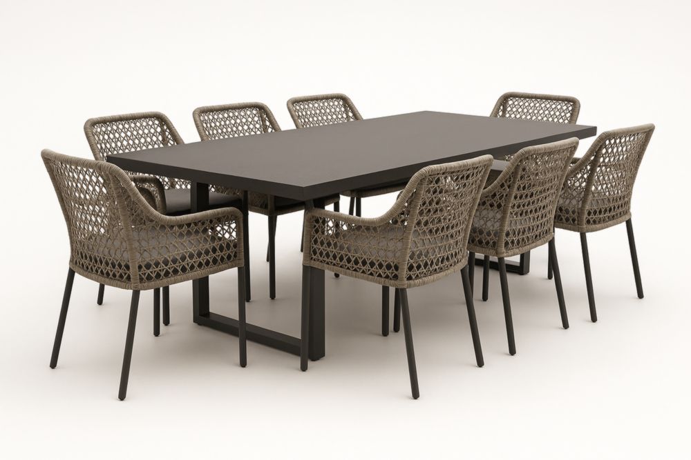 Ensemble Extérieur Table Rectangulaire et 8 Chaises en Aluminium et Polyéthylène Gris