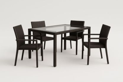 Ensemble table et chaises en résine tressée et verre trempé marron