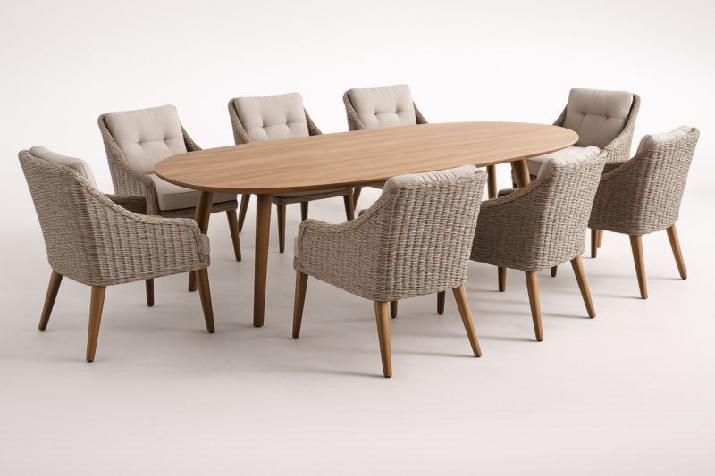 Table ovale en bois avec 8 chaises en rotin