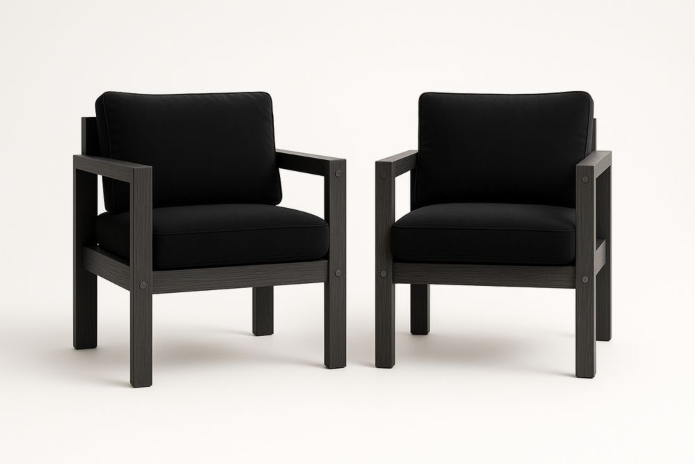 Lot de 2 fauteuils extérieur noir structure bois coussins polycoton