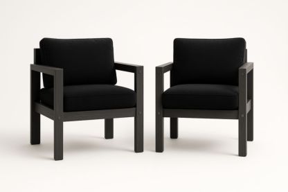Lot de 2 fauteuils extérieur noir structure bois coussins polycoton