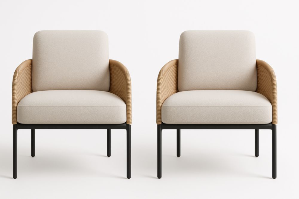 Lot de 2 fauteuils avec accoudoirs en tissu et rotin