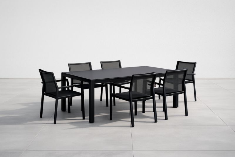 Table de salle à manger rectangulaire en aluminium noir avec 6 chaises en textilène
