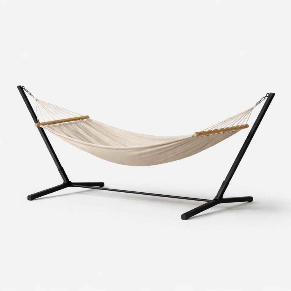 Hamac avec Structure Métal Bois Tissu Coton Beige