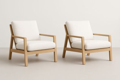 Set de fauteuils en bois de chêne et tissu crème