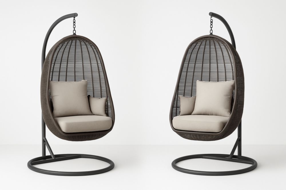 Fauteuil suspendu en rotin synthétique brun avec coussins en polyester beiges