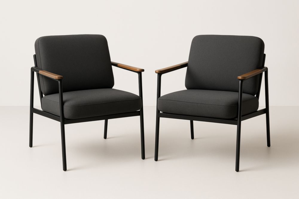 Lot de 2 fauteuils en tissu avec accoudoirs en bois et cadre métallique noir